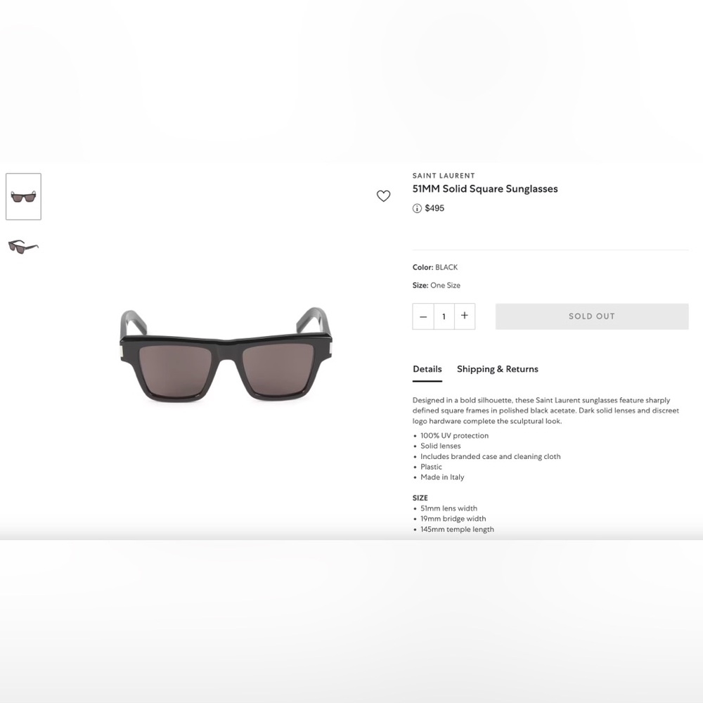Saint Laurent Stylish Black Solid Square Sunglass… - image 1